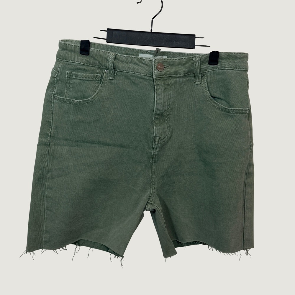 Risen Jeans Denim Shorts Womens 15 Sage Green Raw Hem High Rise FP-RDP5571